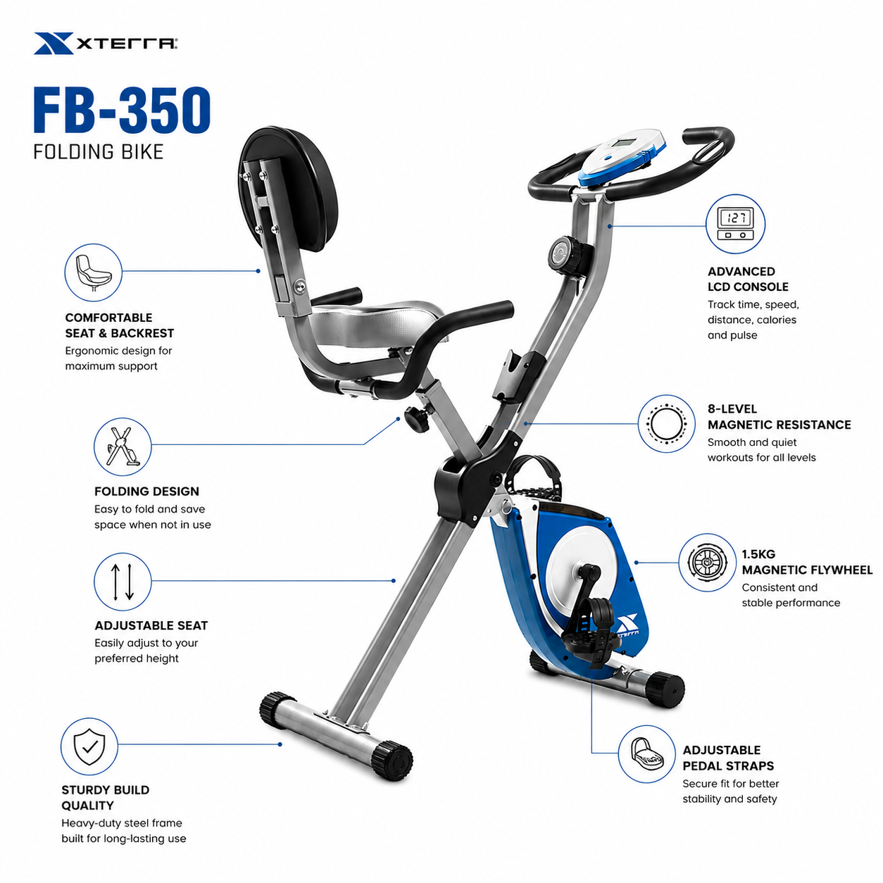 Xterra FB-350 Folding Exercise Bike with 8-Level Magnetic Resistance & LCD Console