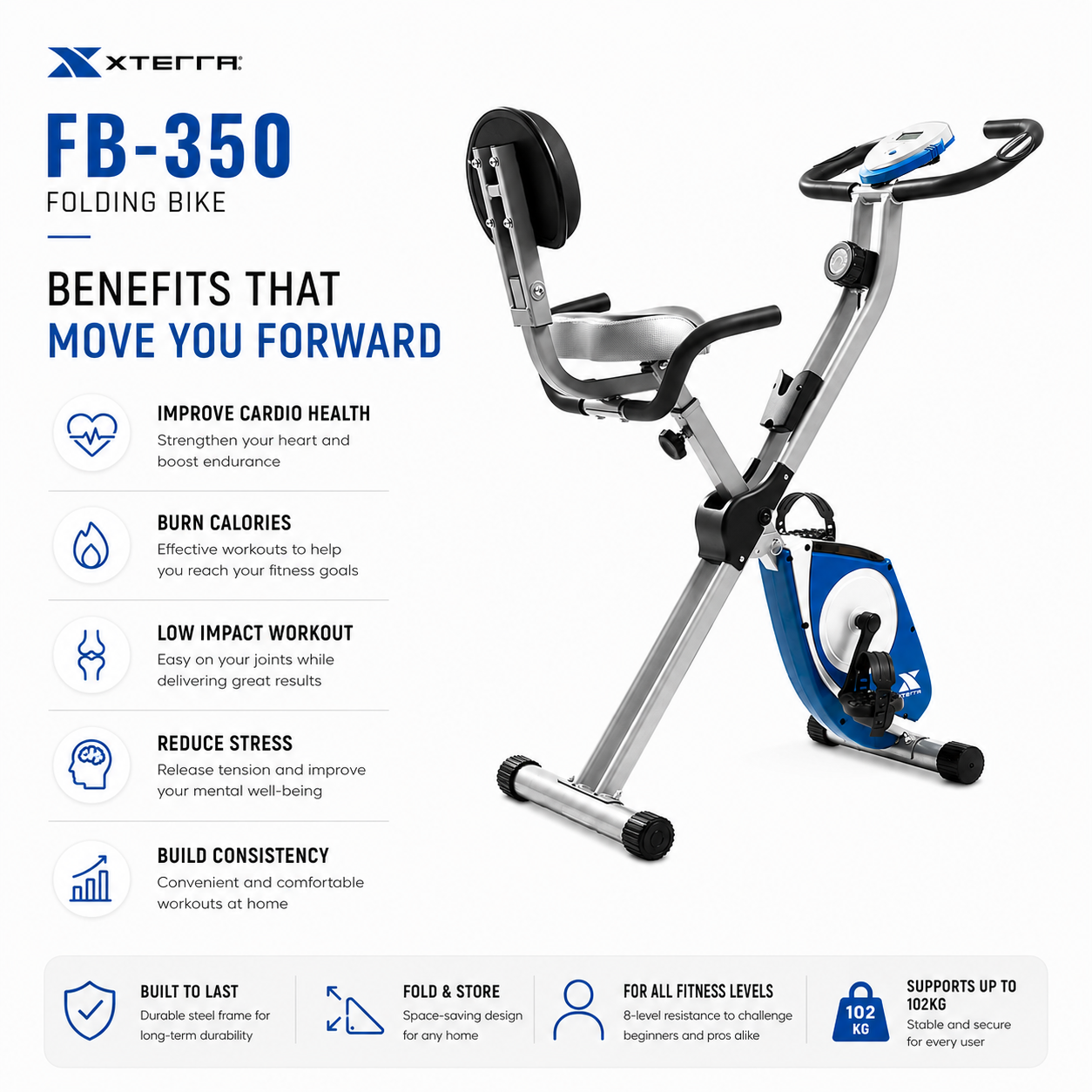 Xterra FB-350 Folding Exercise Bike with 8-Level Magnetic Resistance & LCD Console