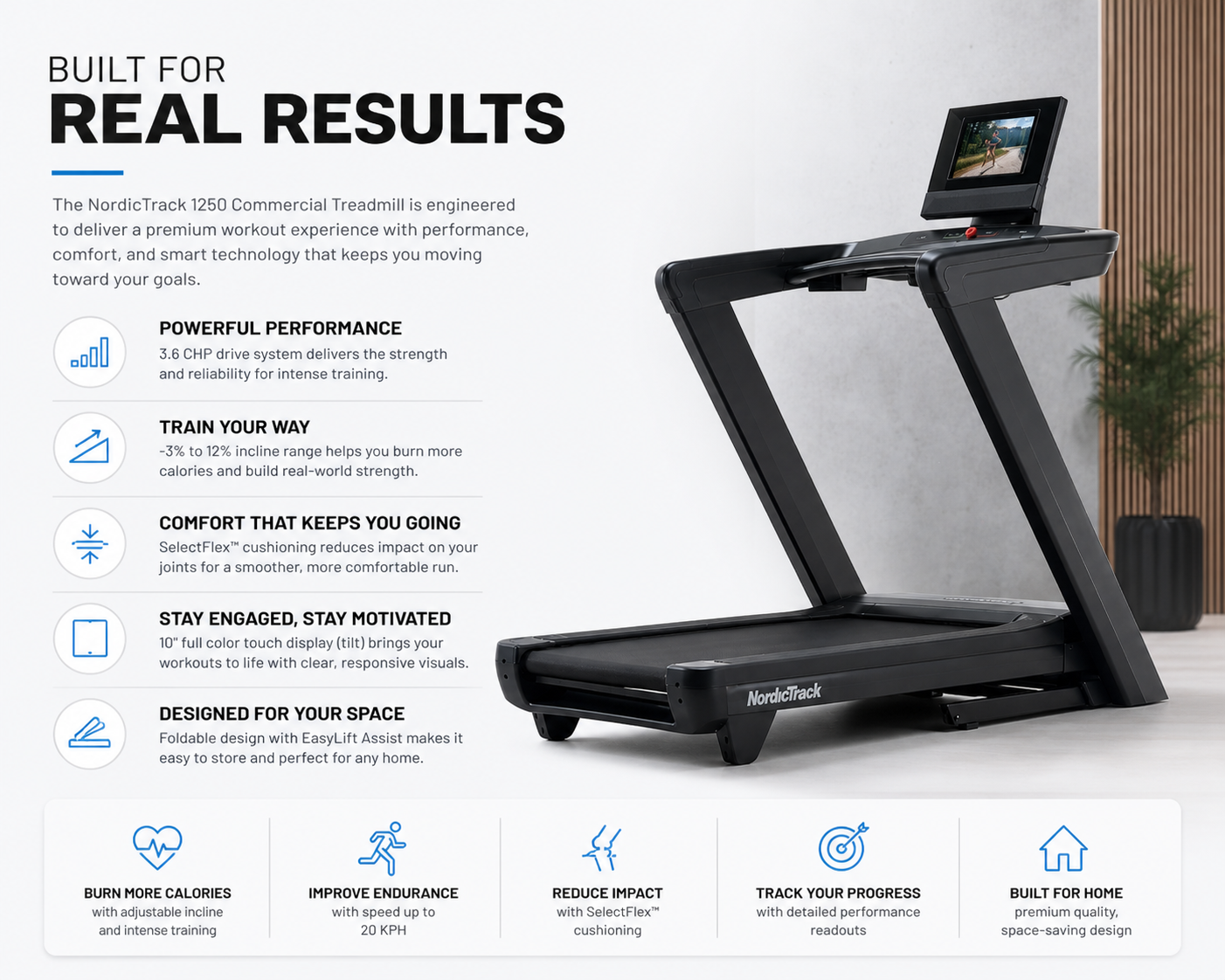 NordicTrack Commercial 1250 Treadmill – 3.6 CHP Motor, 10” Touchscreen, Incline/Decline Smart Fitness Machine