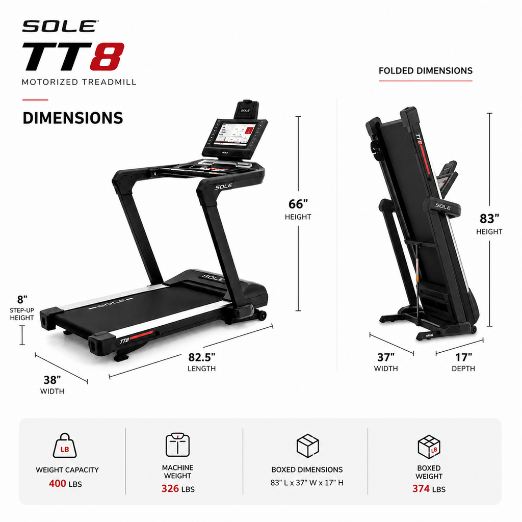Sole TT8 Motorized Treadmill – 4.0HP Motor, 15.6” Touchscreen, Incline & Decline Commercial Fitness Machine