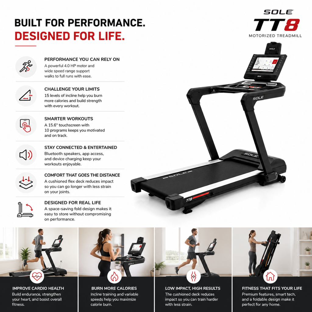 Sole TT8 Motorized Treadmill – 4.0HP Motor, 15.6” Touchscreen, Incline & Decline Commercial Fitness Machine