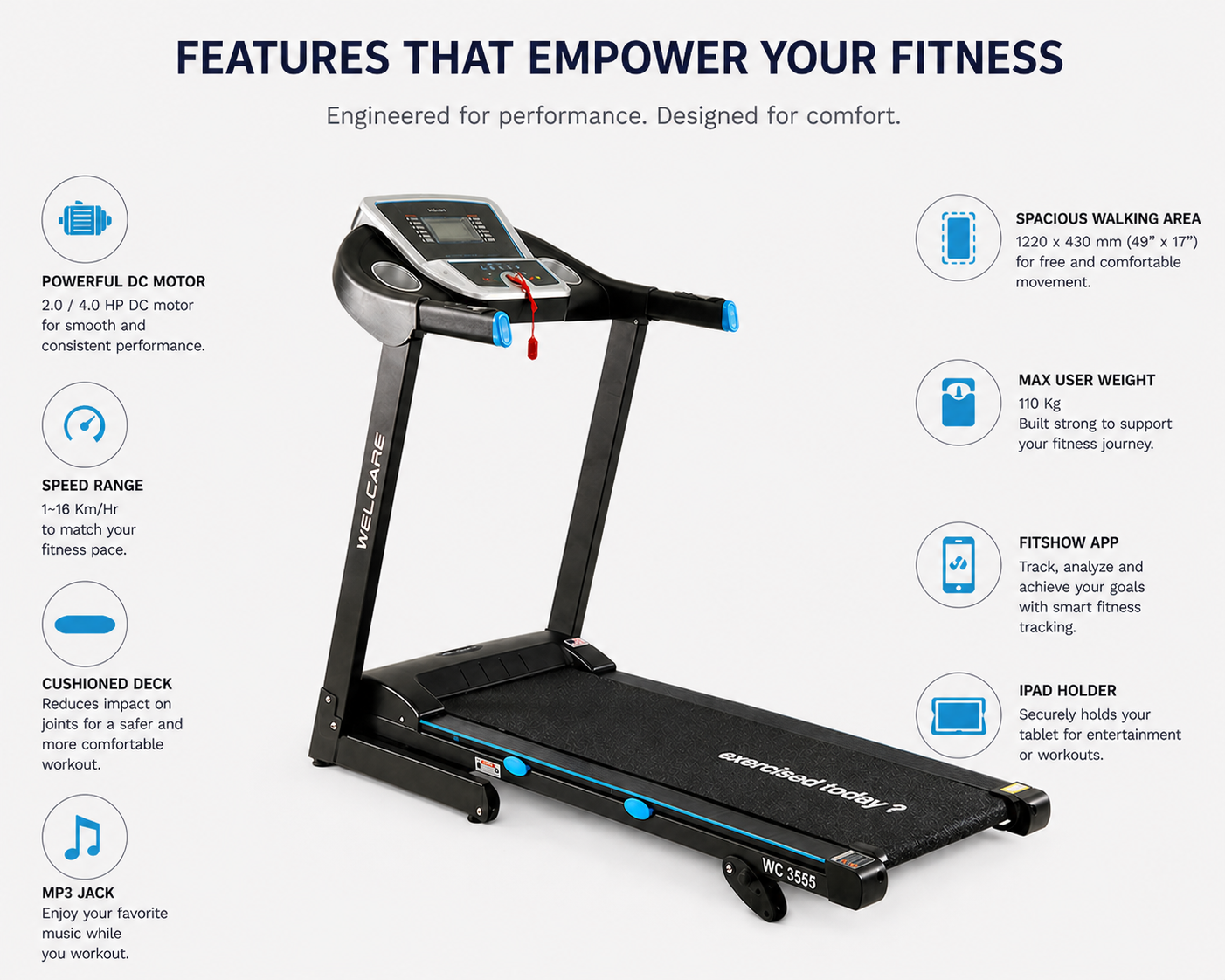WC3555 Motorized Treadmill – 4.0HP Peak, 16 km/h Speed, App Compatible Home Fitness Machine