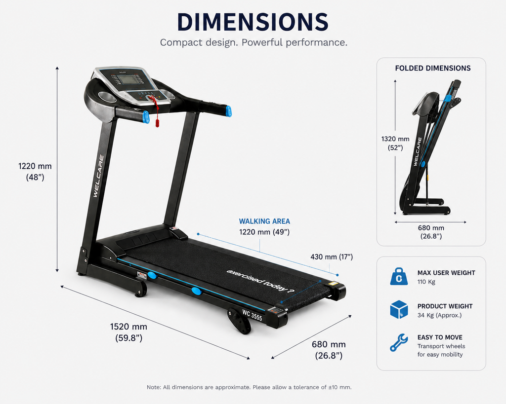 WC3555 Motorized Treadmill – 4.0HP Peak, 16 km/h Speed, App Compatible Home Fitness Machine