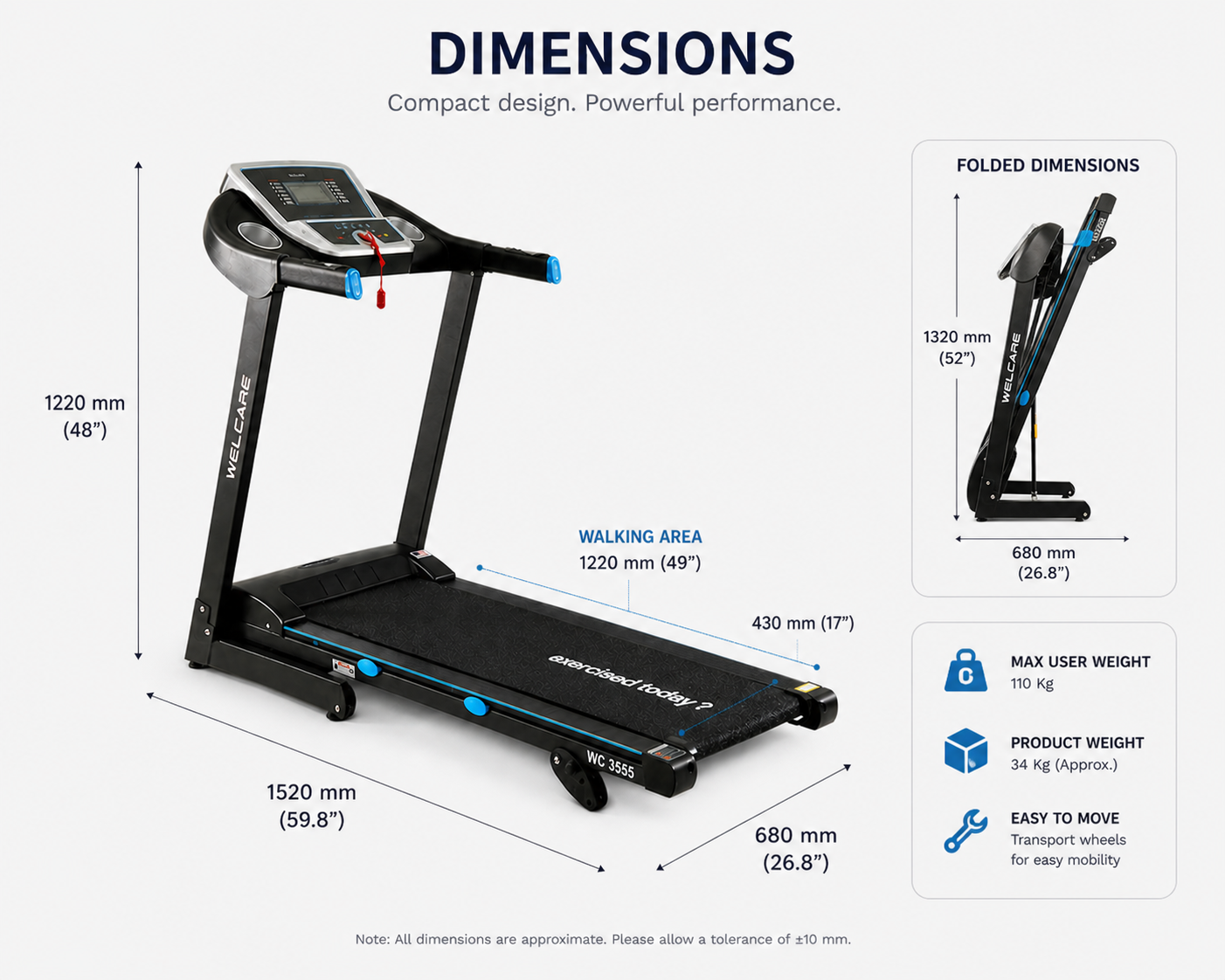 WC3555 Motorized Treadmill – 4.0HP Peak, 16 km/h Speed, App Compatible Home Fitness Machine
