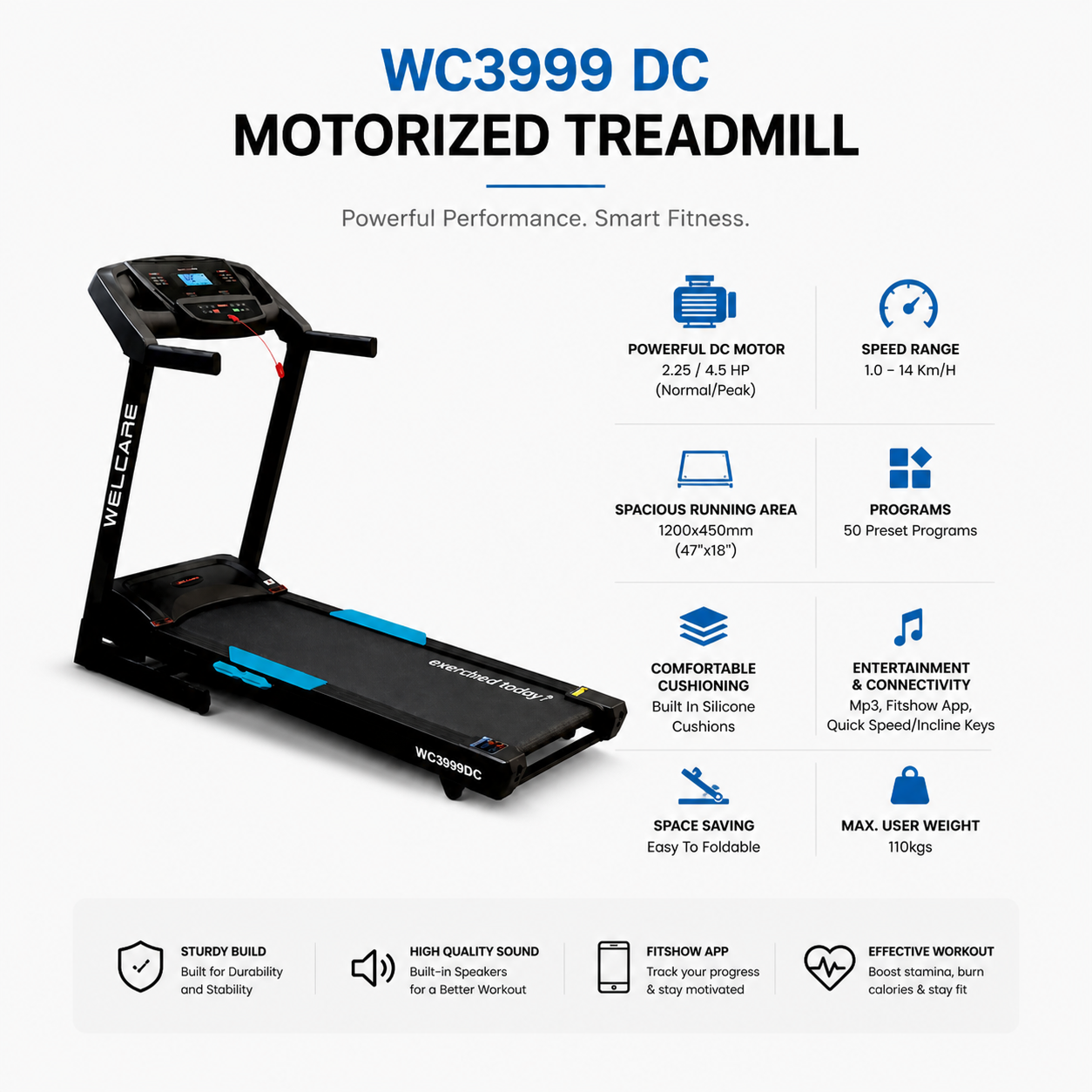 WC3999 DC Motorized Treadmill – 4.5HP Peak, 50 Programs, Foldable Home Fitness Machine