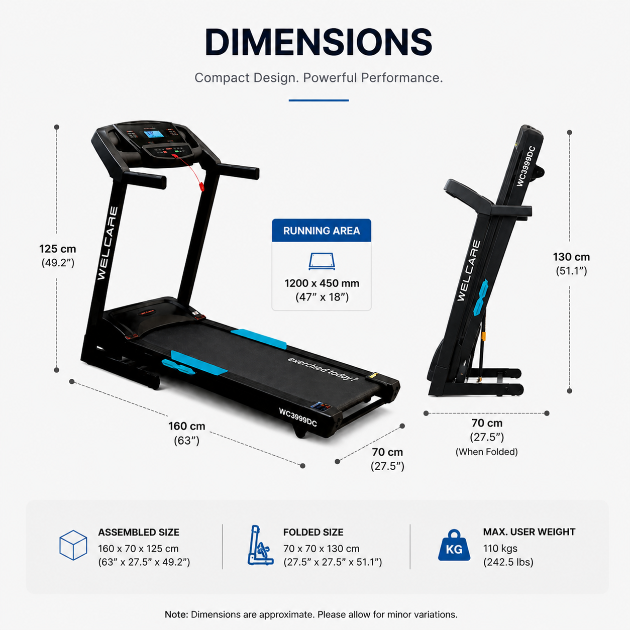 WC3999 DC Motorized Treadmill – 4.5HP Peak, 50 Programs, Foldable Home Fitness Machine