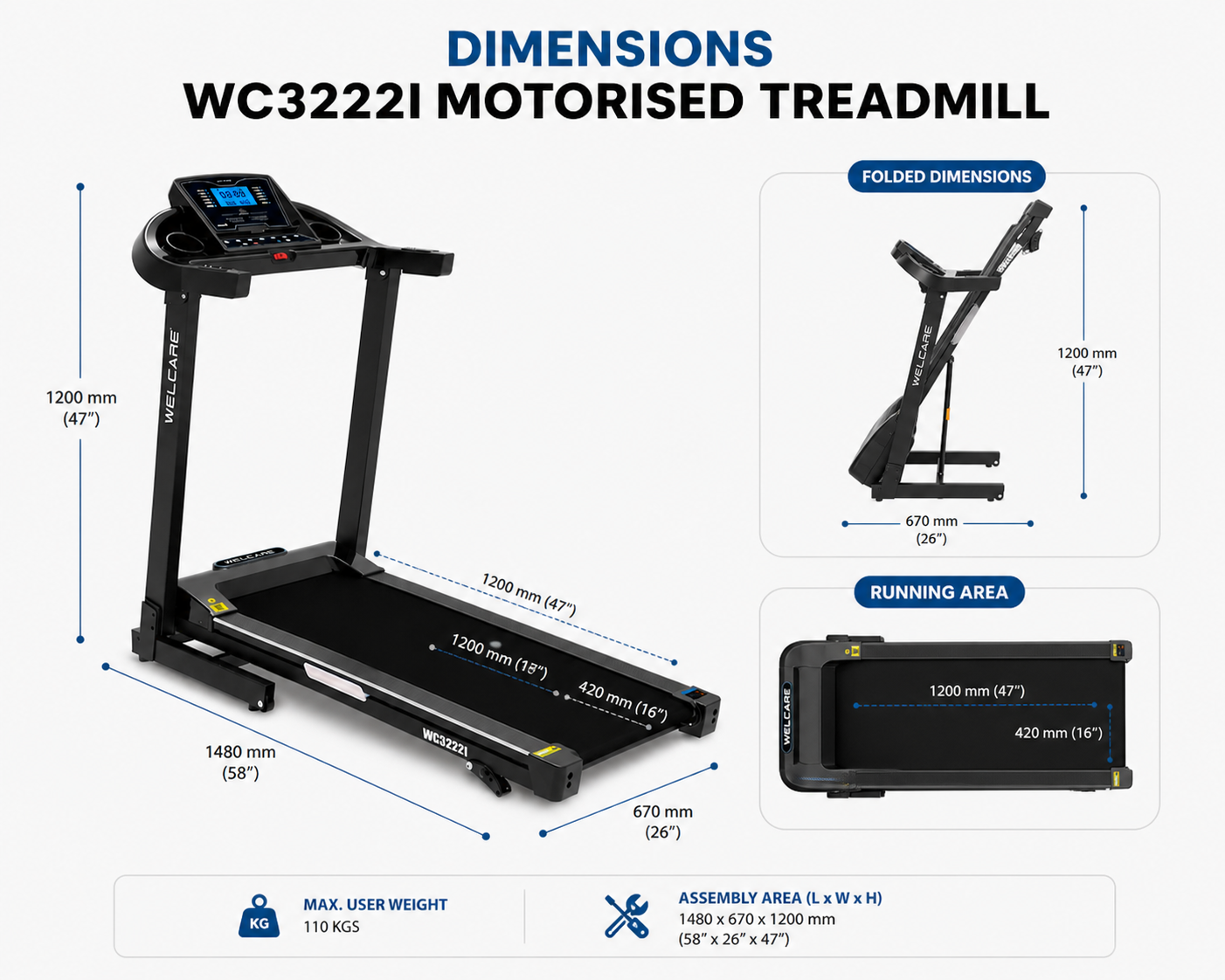 WC3222I Motorised Treadmill – 4.0HP Peak, Auto Incline, Bluetooth Speaker, Home Fitness Machine