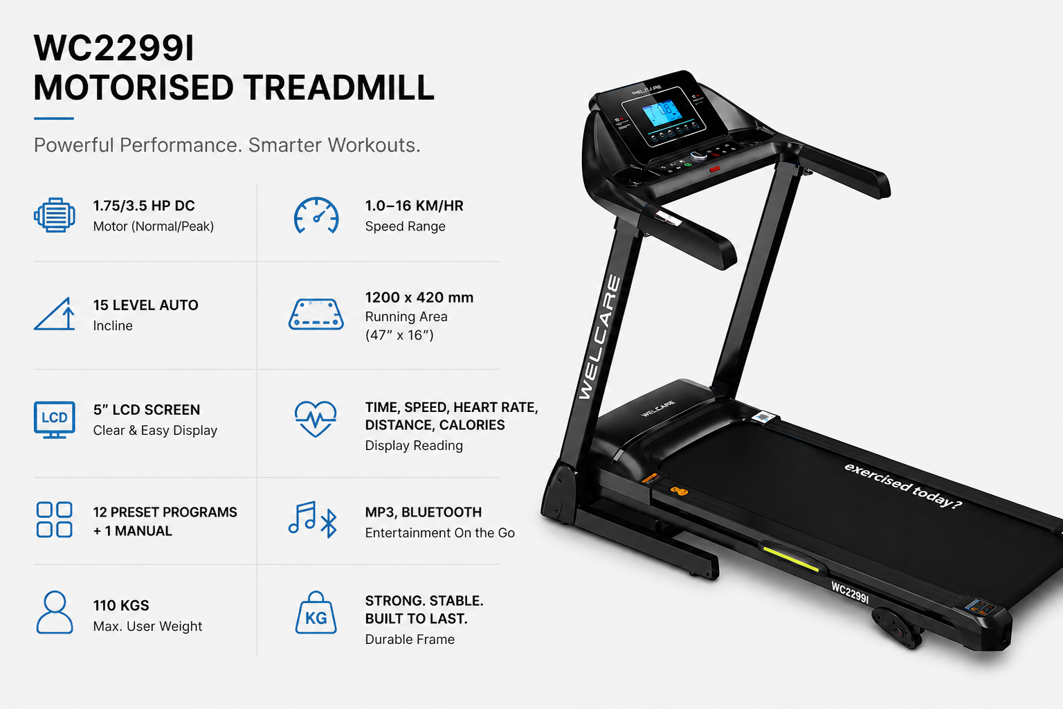WC2299I Motorised Treadmill – 3.5HP Peak, Auto Incline, 16 km/h Speed, Bluetooth Home Fitness Machine