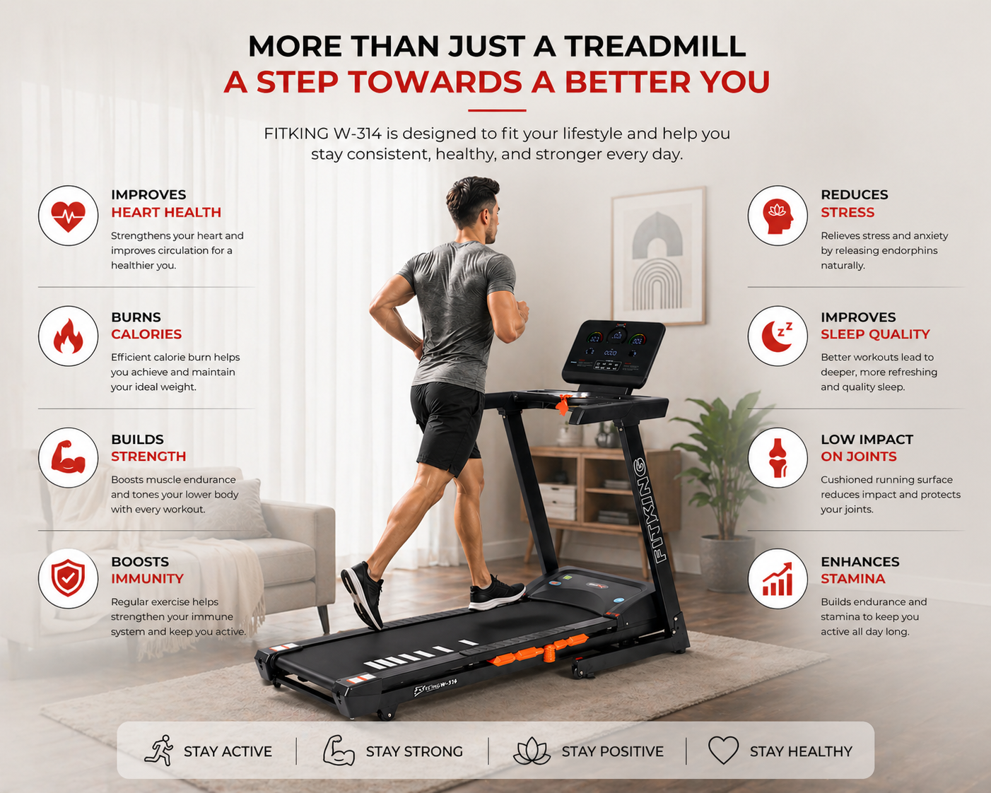 Fitking W-314 2.5HP Motorized Treadmill | 16 km/h Speed, Auto Incline, LED Display