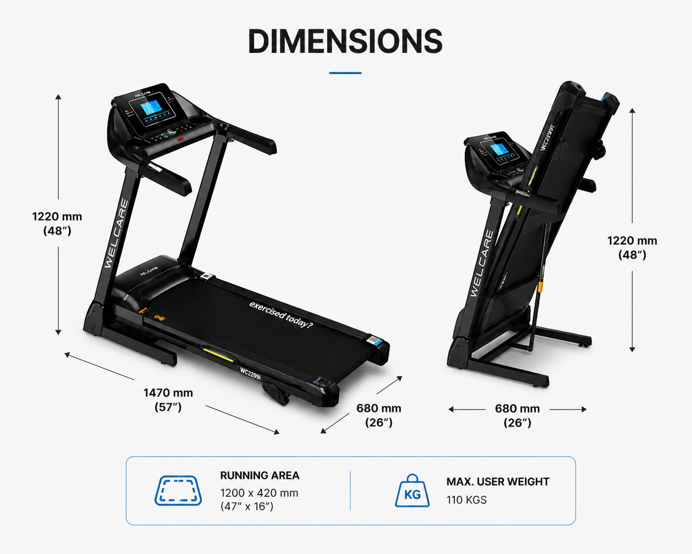 WC2299I Motorised Treadmill – 3.5HP Peak, Auto Incline, 16 km/h Speed, Bluetooth Home Fitness Machine