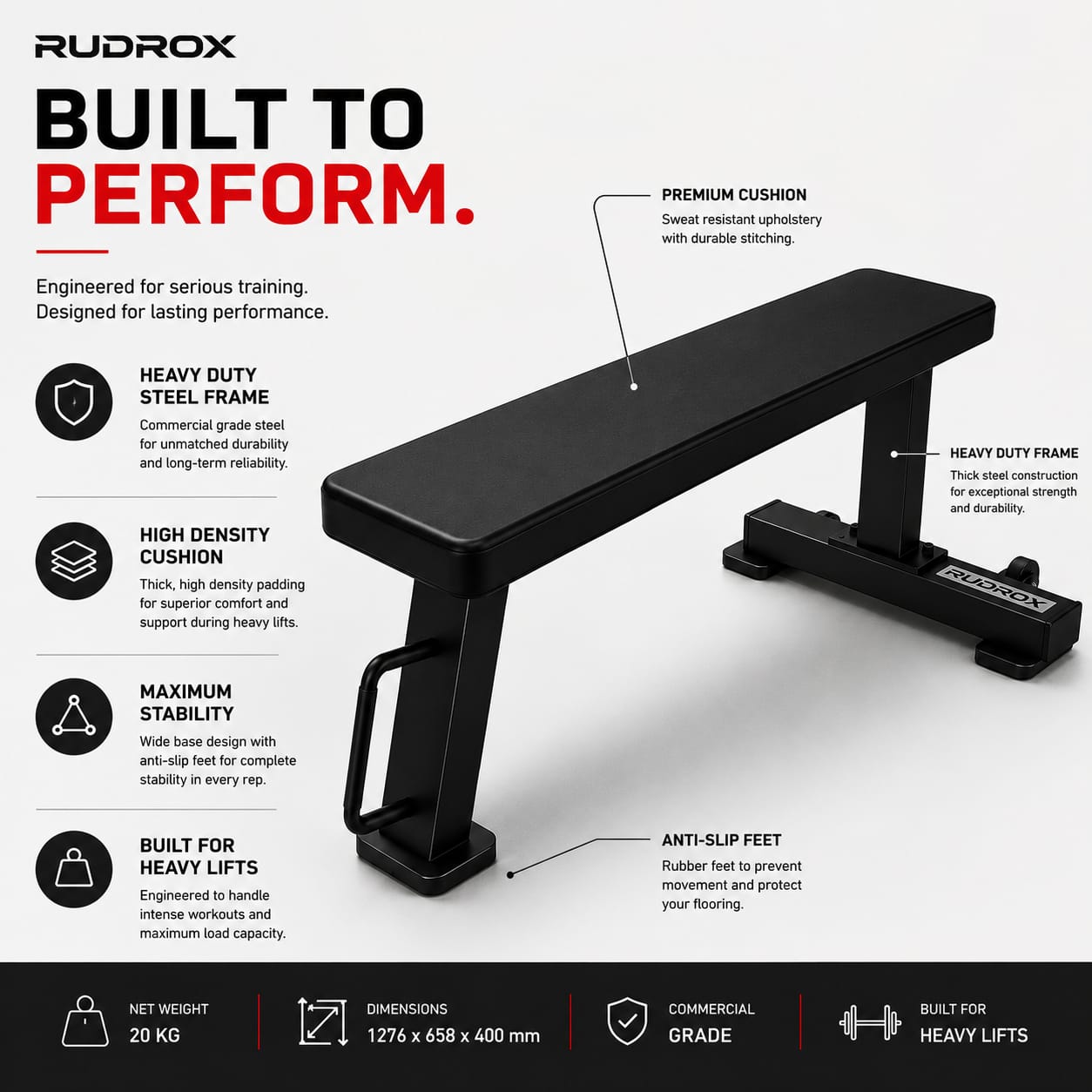 RUDROX RXF-01 Flat Weight Bench for Strength Training & Heavy Lifting