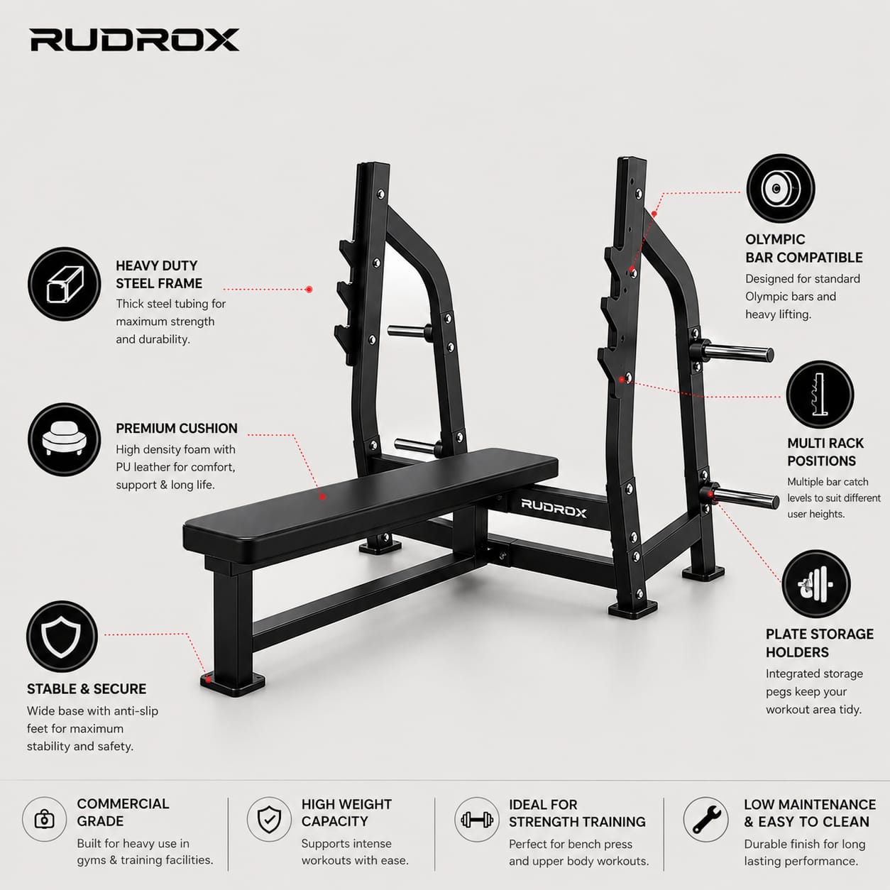 RUDROX RXF-20 Commercial Olympic Flat Bench Press