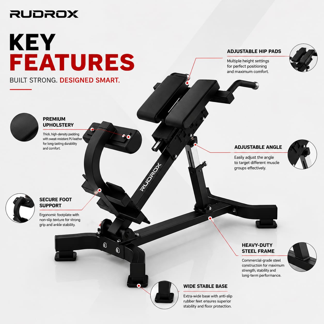 RUDROX RHX-45 Commercial Adjustable Hyperextension Bench