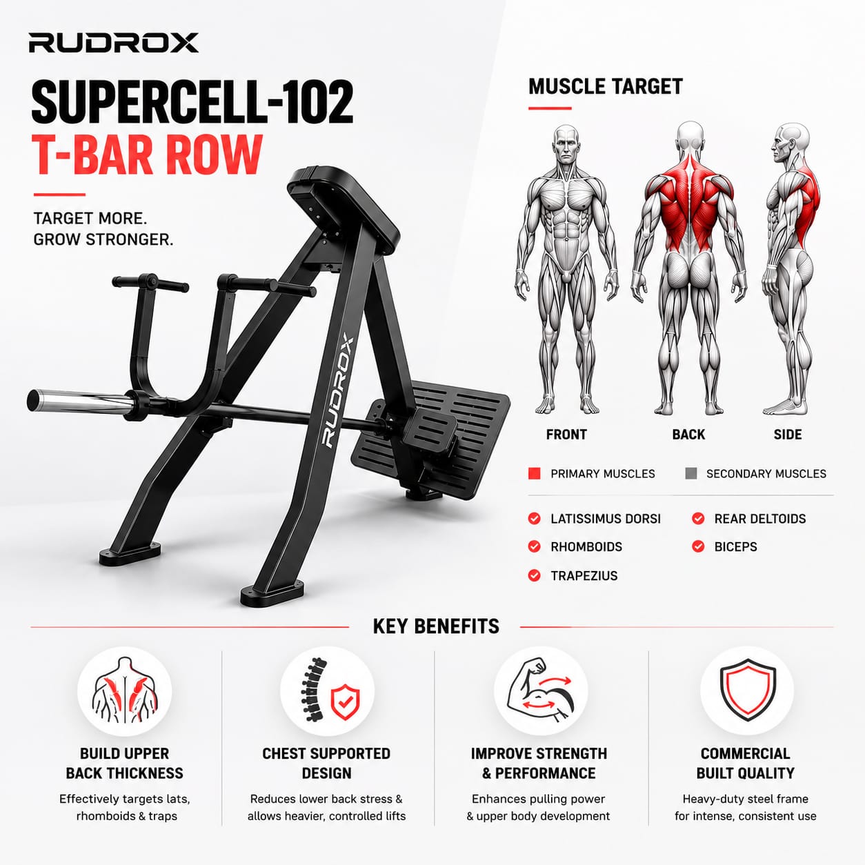 RUDROX SUPERCELL-102 Chest Supported T-Bar Row Machine