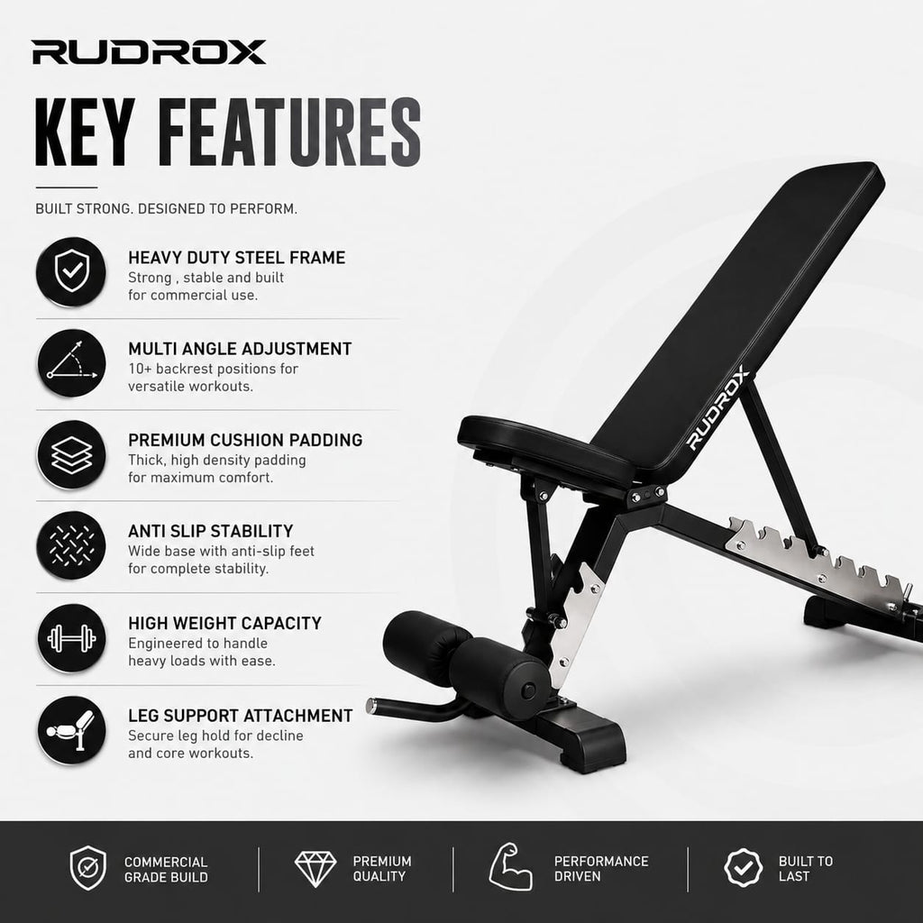 RUDROX RDX-AB300 Heavy Duty Adjustable Gym Bench – Flat, Incline & Decline