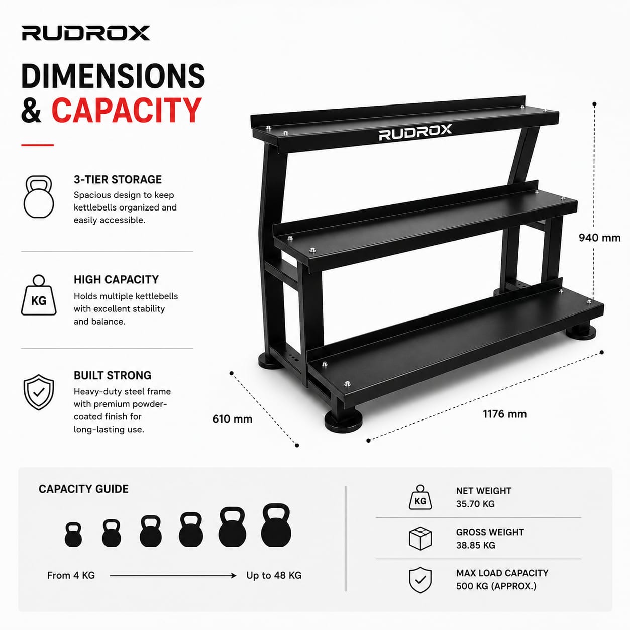 RUDROX RDX-KR500 Heavy Duty 3-Tier Kettlebell Storage Rack – Commercial Gym Organizer Stand