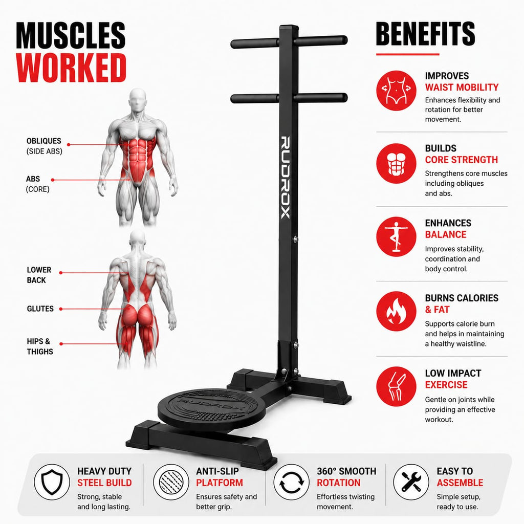 RUDROX RDX-TW360 Premium Waist Twister with Anti-Slip Rotating Disc & Steel Frame