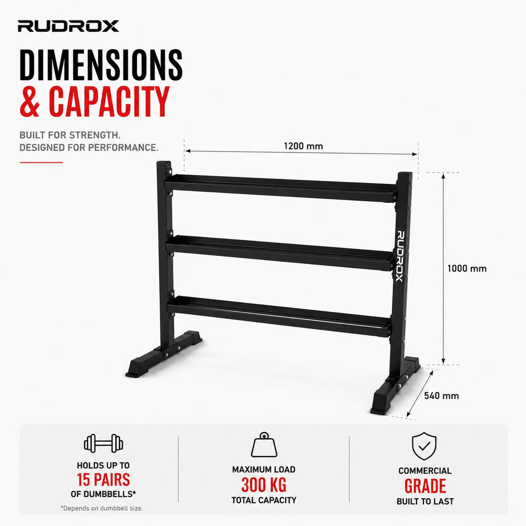 RUDROX RDX-DR300 Heavy Duty 3-Tier Dumbbell Rack | Commercial Gym Weight Storage Stand | 300 KG Capacity