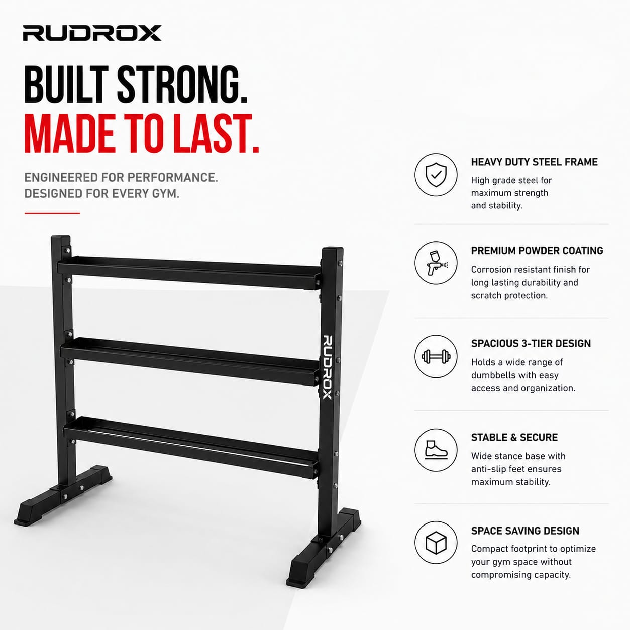 RUDROX RDX-DR300 Heavy Duty 3-Tier Dumbbell Rack | Commercial Gym Weight Storage Stand | 300 KG Capacity
