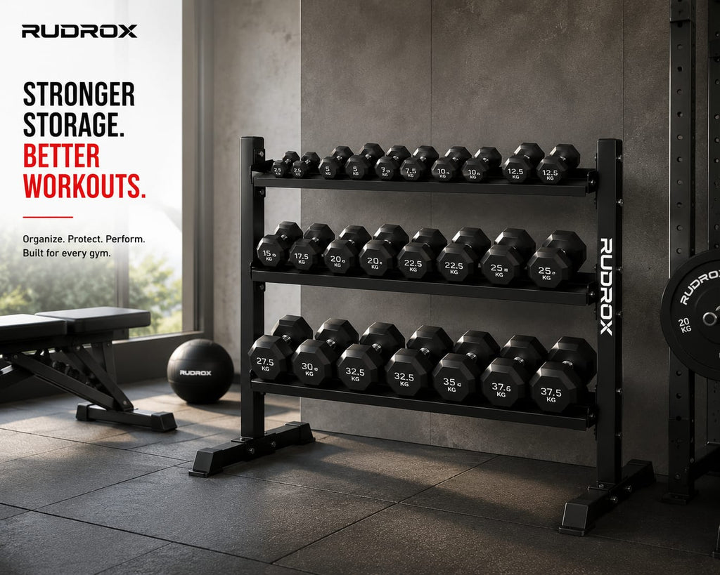 RUDROX RDX-DR300 Heavy Duty 3-Tier Dumbbell Rack | Commercial Gym Weight Storage Stand | 300 KG Capacity