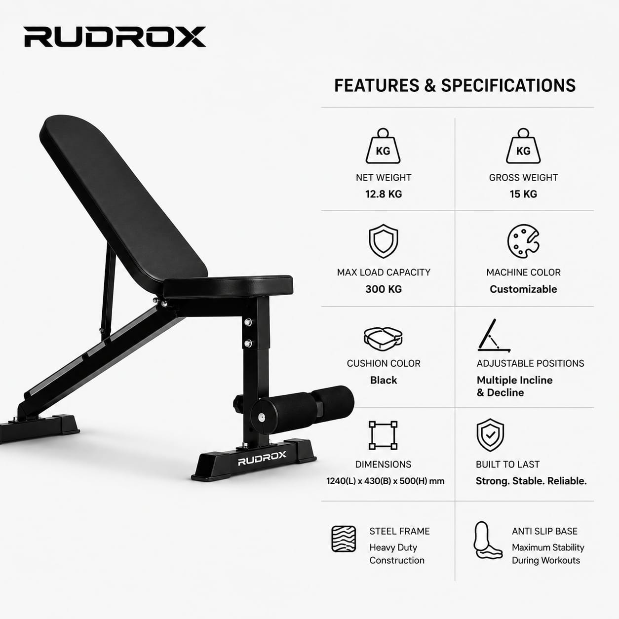 RUDROX RDX-AB300 Adjustable Multi-Position Weight Bench