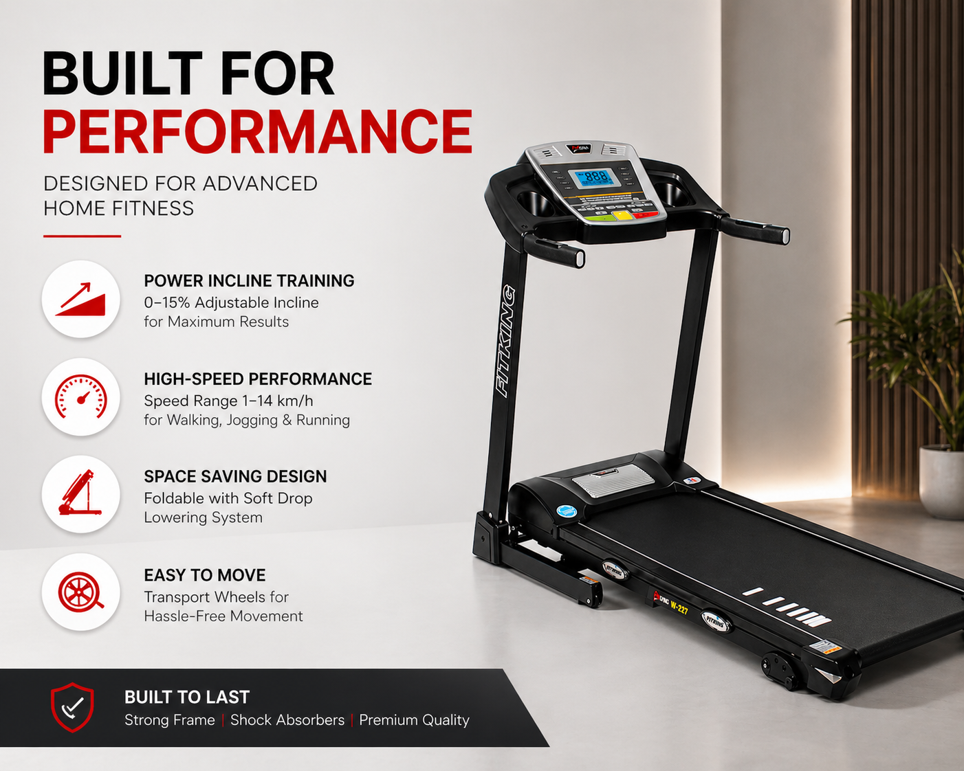 FITKING W-227 Motorized Treadmill (2.0 HP, 14 km/h, Auto Incline, Bluetooth, Foldable, Home Use)