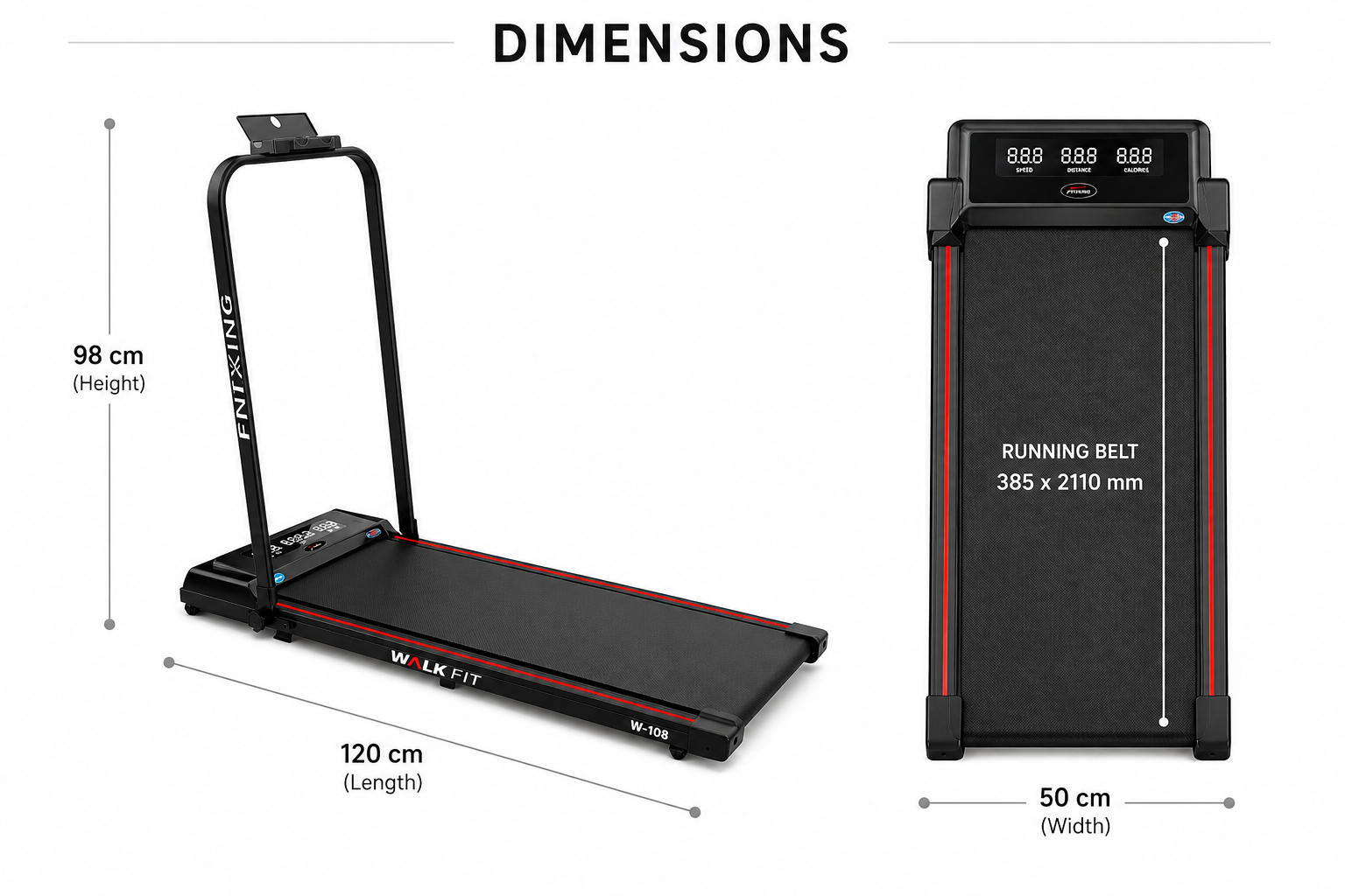 FITKING W-108 Motorized Treadmill (1.5 HP, 10 km/h, Foldable, Home Use)
