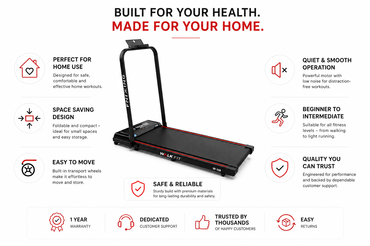 FITKING W-108 Motorized Treadmill (1.5 HP, 10 km/h, Foldable, Home Use)