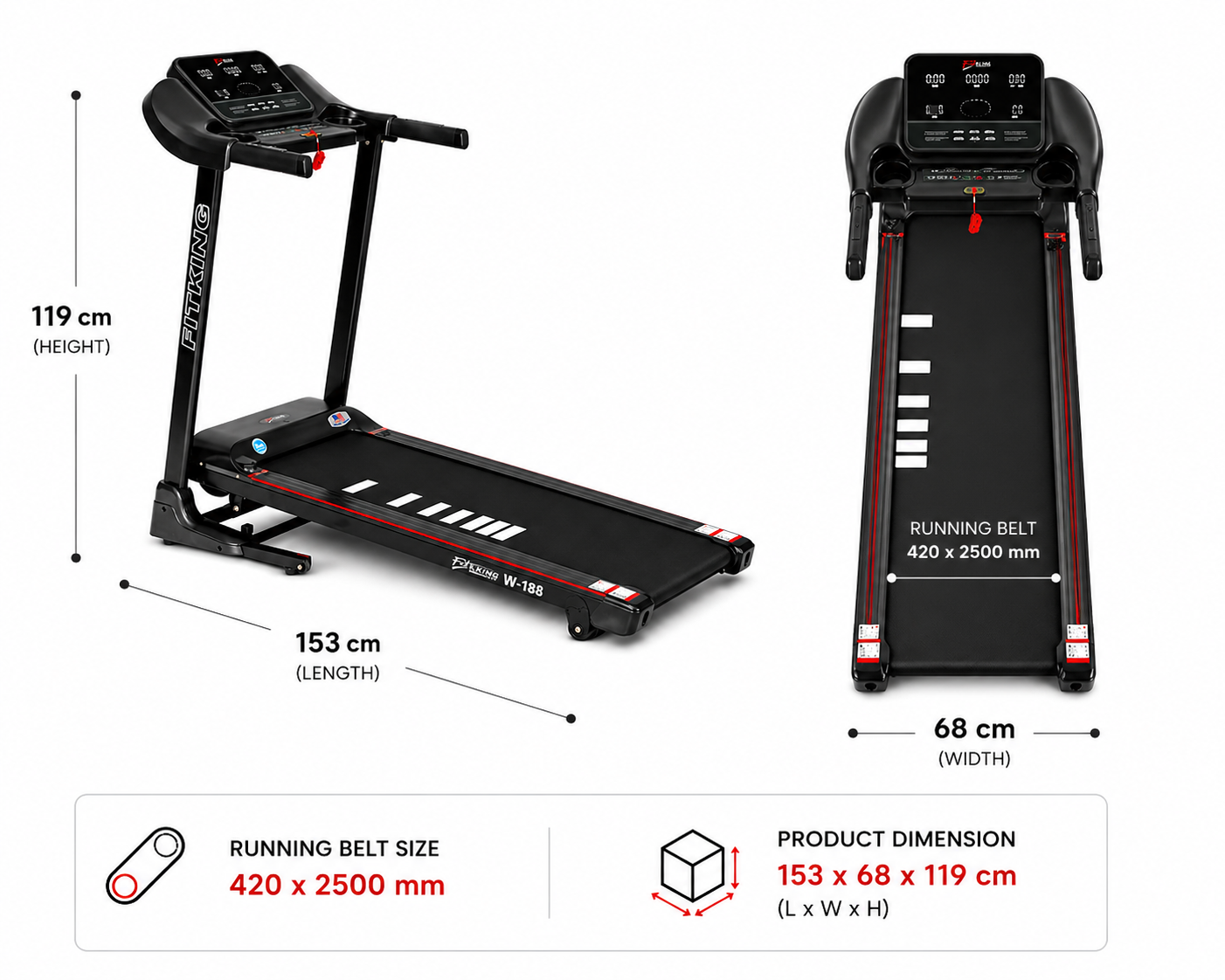FITKING W-188 Motorized Treadmill (2.0 HP, 12 km/h, Auto Incline, Foldable, Home Use)