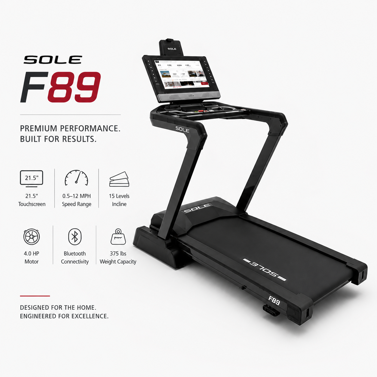 Sole F89 Motorized Treadmill – 4.0HP Motor, 21.5” Touchscreen, Incline/Decline Smart Fitness Machine
