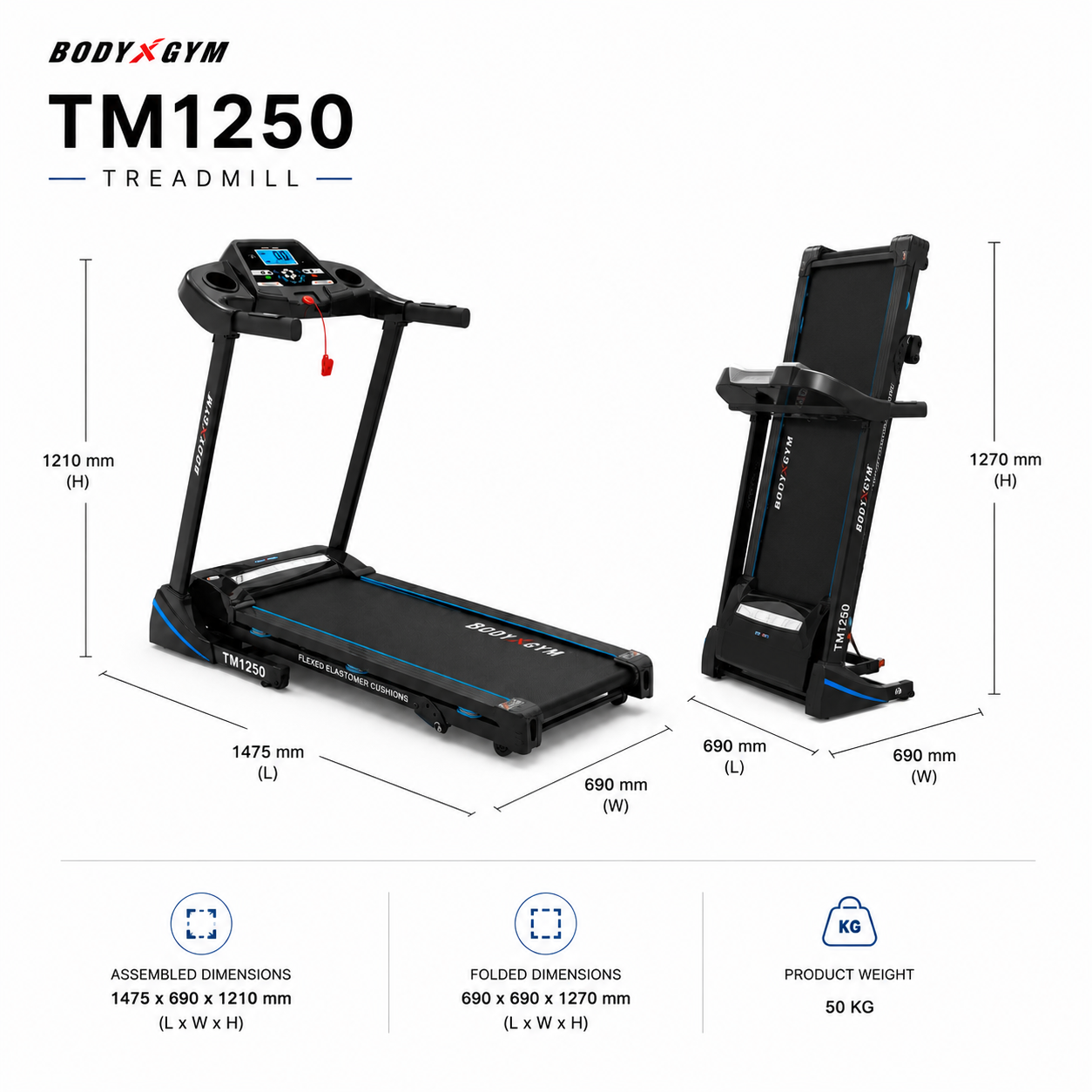 Body Gym TM1250 Motorized Treadmill – 2.5HP Folding Home Fitness Machine with LCD Display