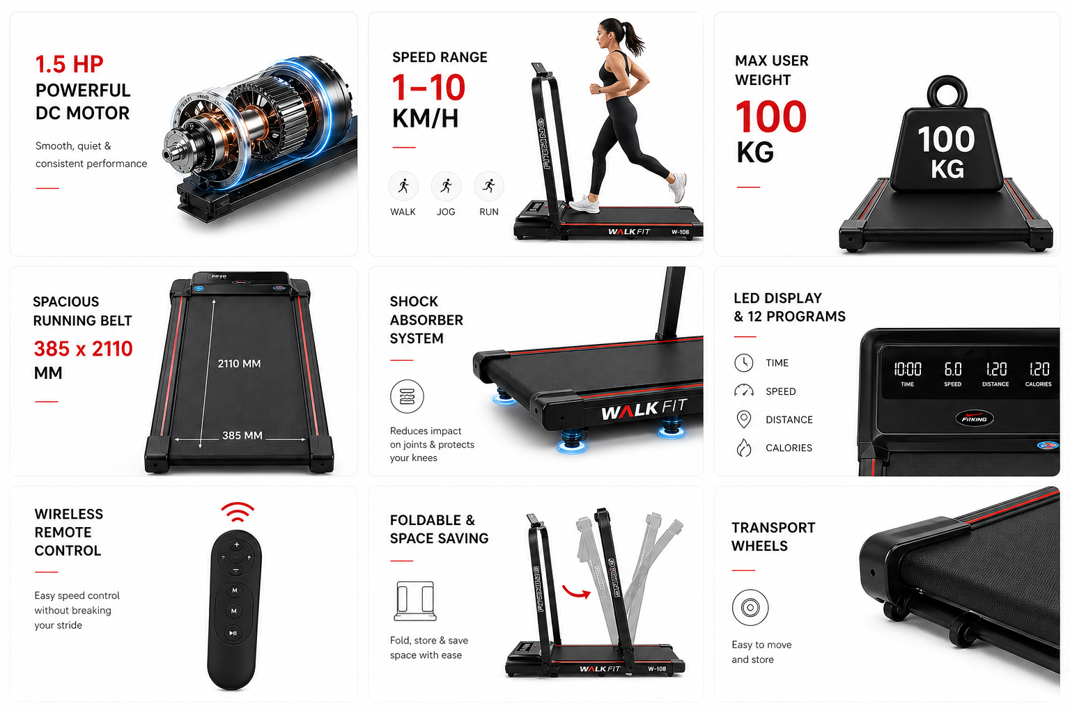 FITKING W-108 Motorized Treadmill (1.5 HP, 10 km/h, Foldable, Home Use)