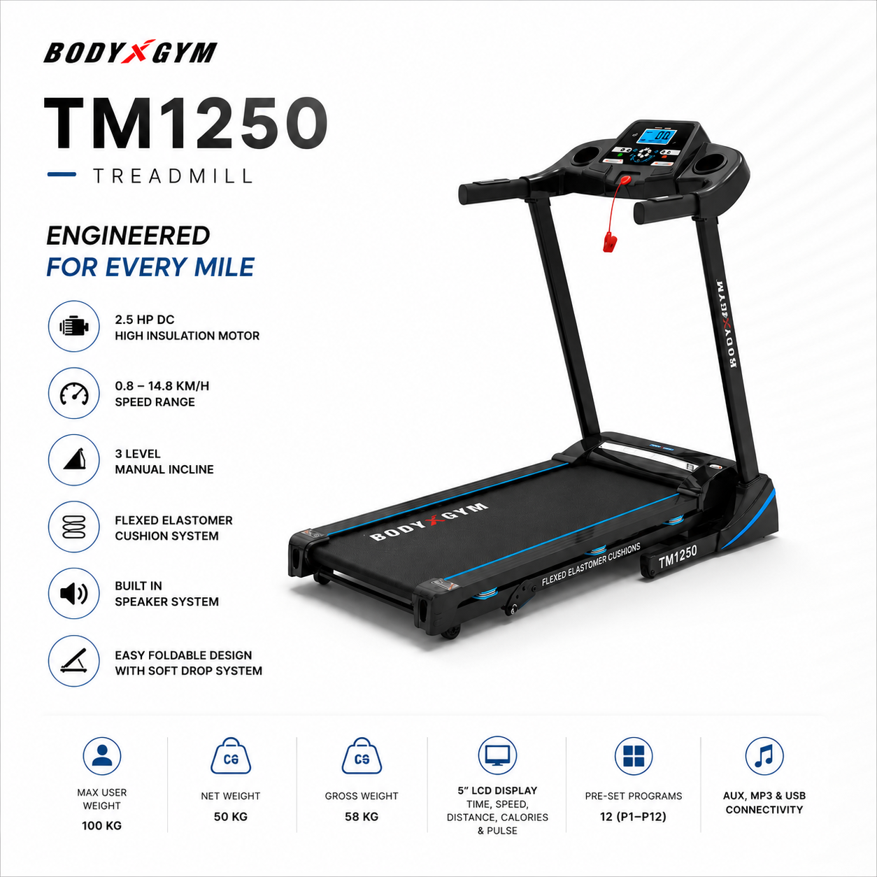 Body Gym TM1250 Motorized Treadmill – 2.5HP Folding Home Fitness Machine with LCD Display