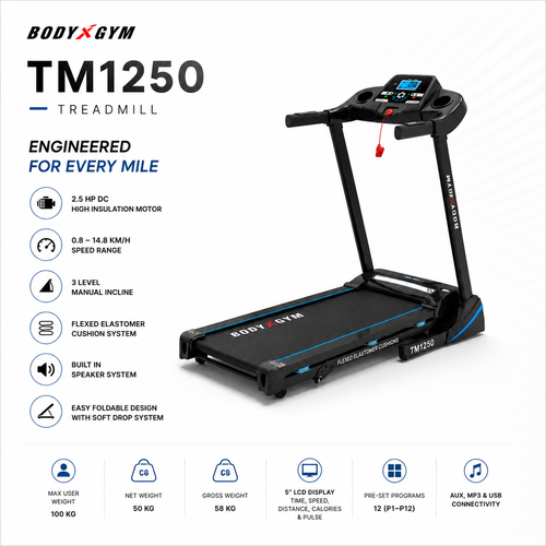 Body Gym TM1250 Motorized Treadmill – 2.5HP Folding Home Fitness Machine with LCD Display